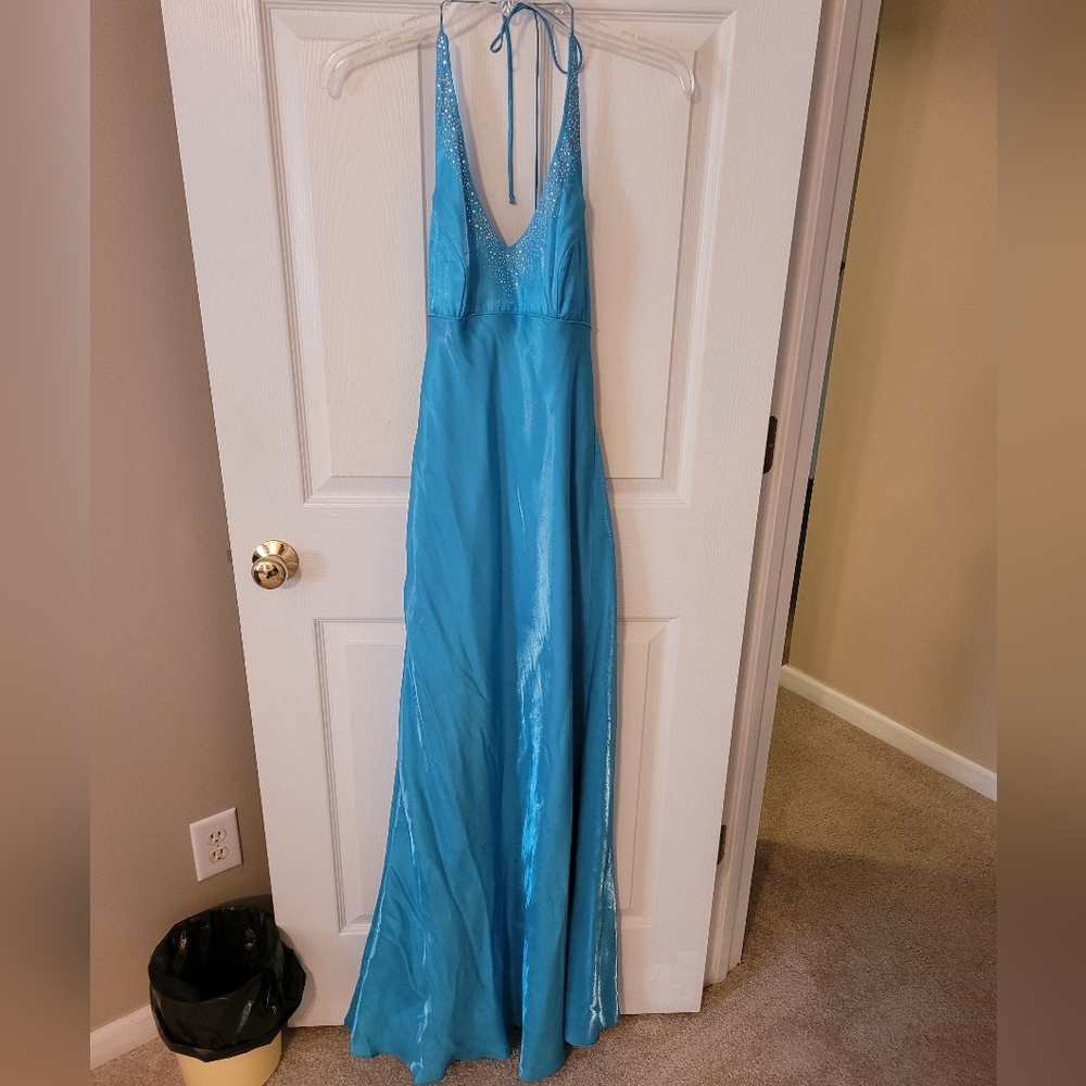 Blue Prom Dress, size 5. Halter nack, sparkly front, low back with corset tie.